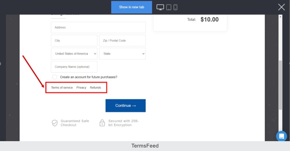 TermsFeed Simvoly - Preview Store - Checkout page  - Store Policies displayed