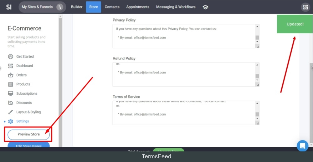 TermsFeed Simvoly - Store menu - Settings - Checkout - Store Policies - added - Saved - Preview Store