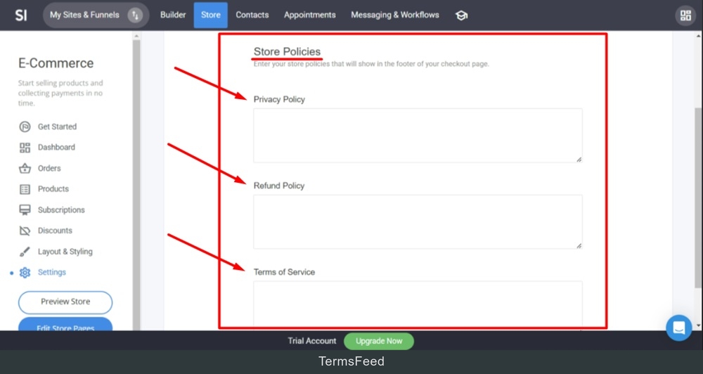 TermsFeed Simvoly - Store menu - Settings - Checkout - Store Policies