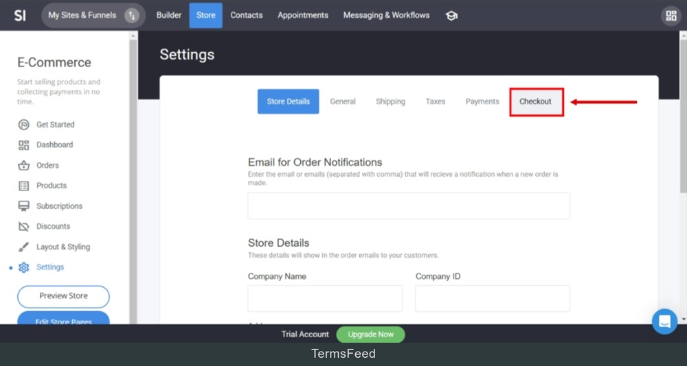 TermsFeed Simvoly - Store menu - Settings - Checkout tab