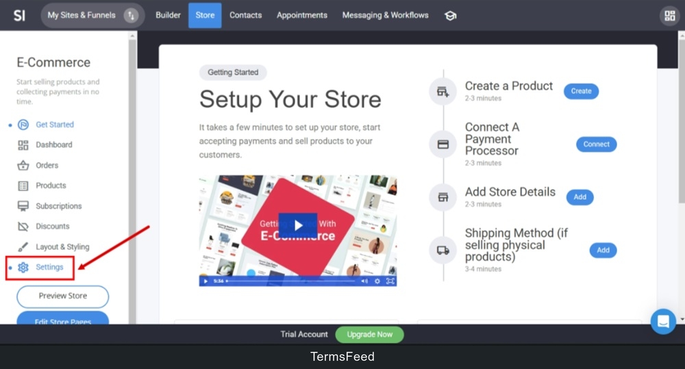 TermsFeed Simvoly - Store menu - Settings