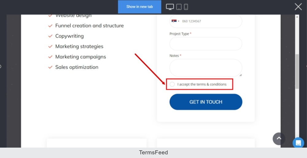 TermsFeed Simvoly - Website preview - Contact Us page - Form with the I accept the Terms and Conditions and the radio button for user consent displayed