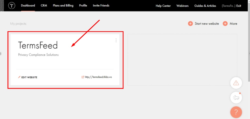 TermsFeed Tilda - Dashboard - Edit website