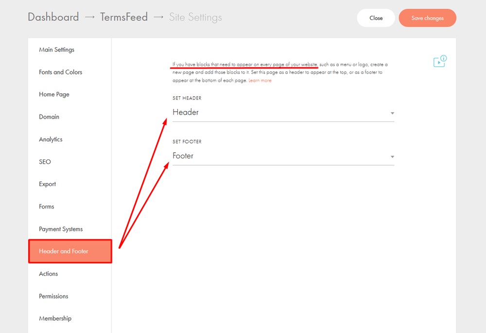 TermsFeed Tilda - Dashboard - Site Settings - Header and Footer - Pages set
