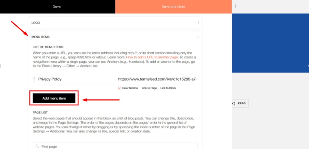 TermsFeed Tilda - Edit Footer page - Content - Menu Items - Add menu item