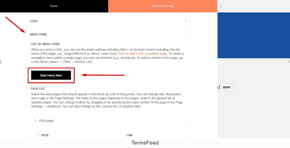 TermsFeed Tilda - Edit Footer page - Content - Menu Items - Add menu item