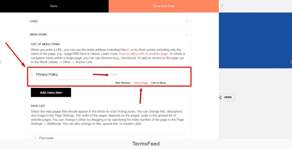 TermsFeed Tilda - Edit Footer page - Content - Menu Items - Add menu item - Add Privacy Policy as title and select Link to page from Link field options