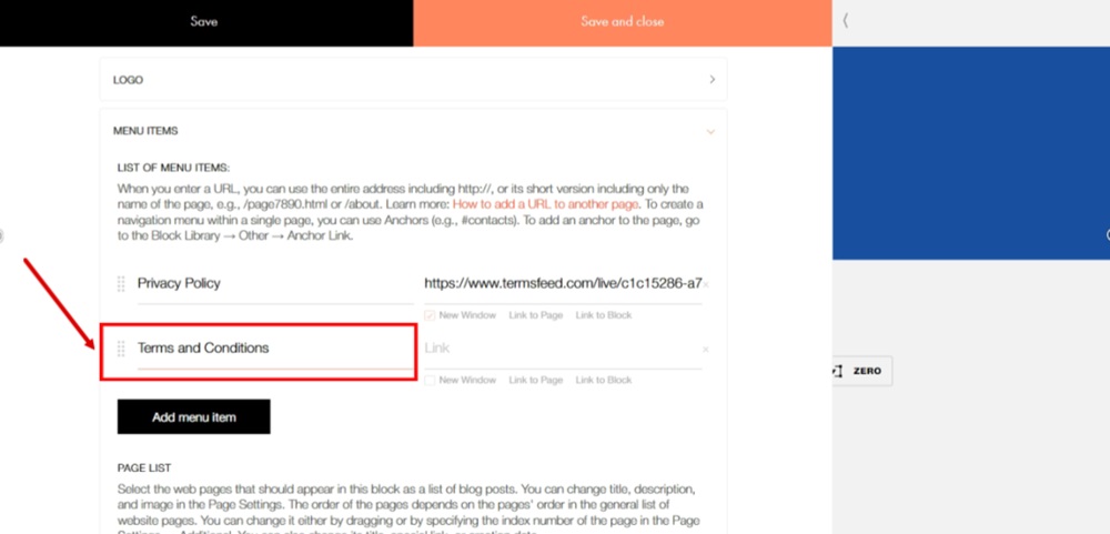 TermsFeed Tilda - Edit Footer page - Content - Menu Items - Add menu item - Add Terms and Conditions in the title field