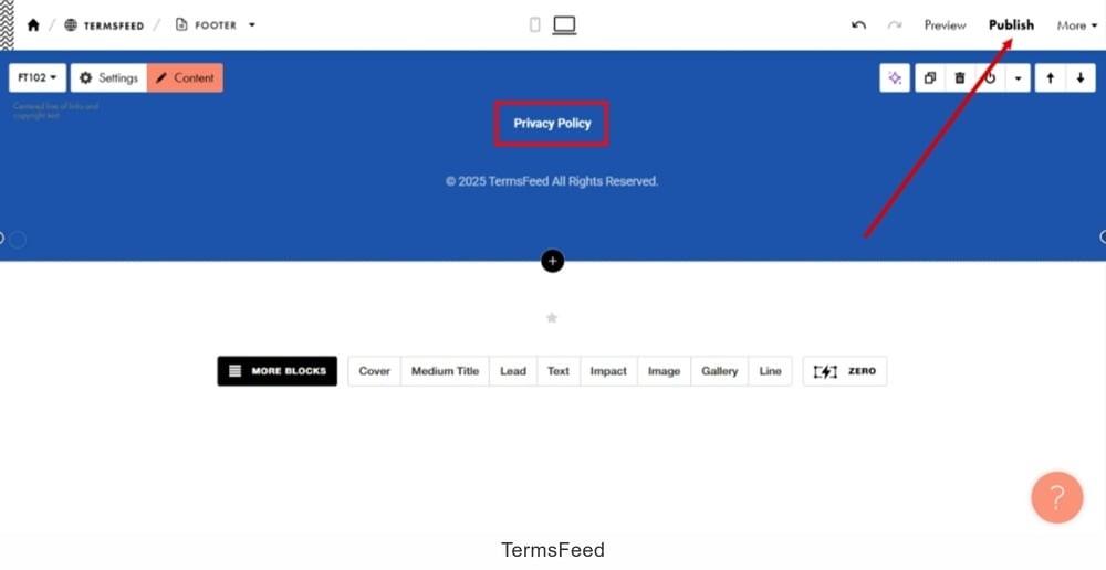 TermsFeed Tilda - Edit Footer page - Content - Menu Items - Privacy Policy added - Publish