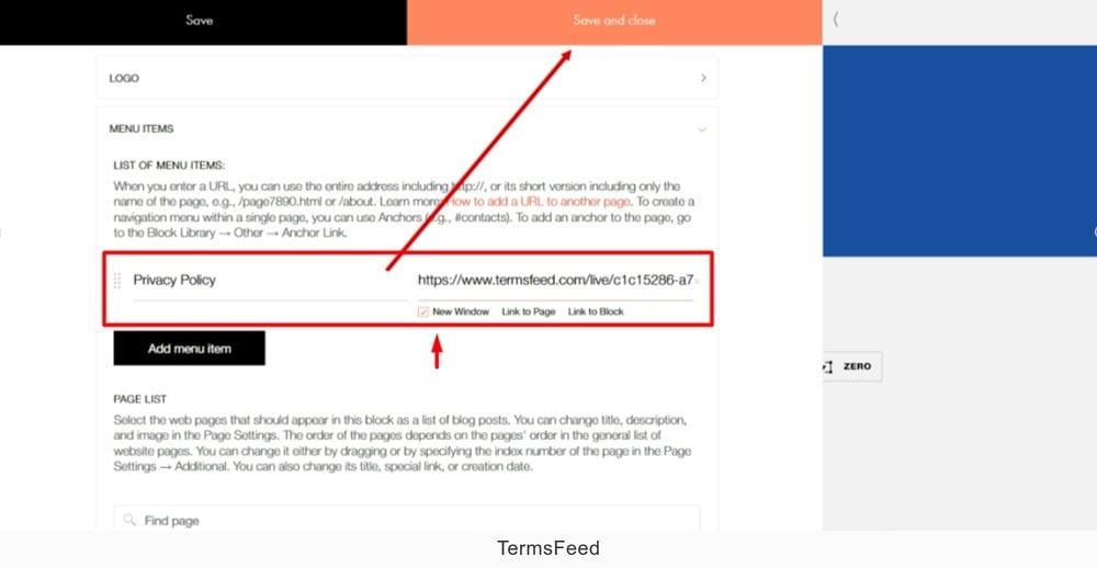 TermsFeed Tilda - Edit Footer page - Content - Menu Items - Add menu item - Add Privacy Policy added - Open in a new window - Save and close