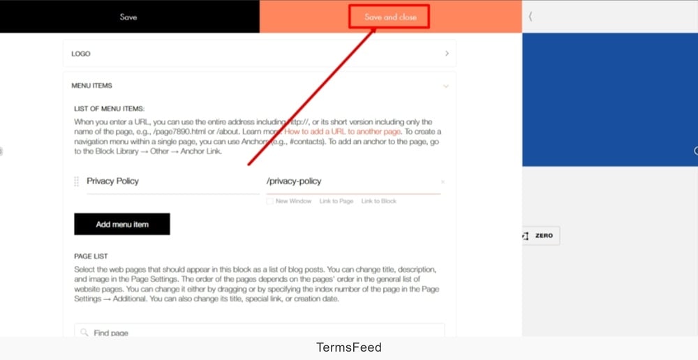 TermsFeed Tilda - Edit Footer page - Content - Menu Items - Add menu item - Add Privacy Policy title and Link to page added - Save and close