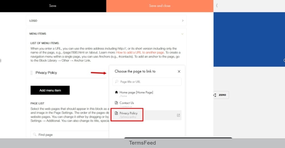 TermsFeed Tilda - Edit Footer page - Content - Menu Items - Add menu item - Add Privacy Policy title and Link to page added