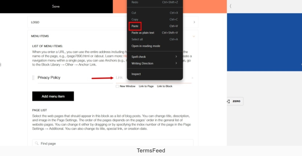 TermsFeed Tilda - Edit Footer page - Content - Menu Items - Add menu item - Privacy Policy link paste