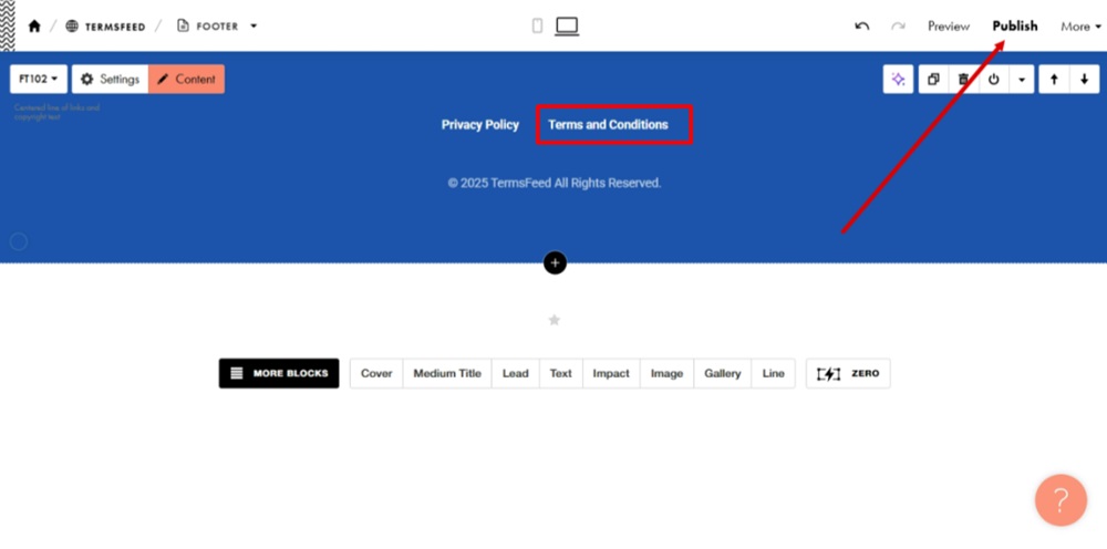 TermsFeed Tilda - Edit Footer page - Content - Menu Items - Terms and Conditions added - Publish
