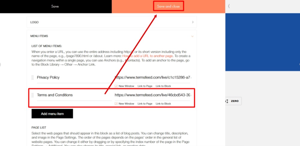 TermsFeed Tilda - Edit Footer page - Content - Menu Items - Add menu item - Add Terms and Conditions added - Open in a new window - Save and close