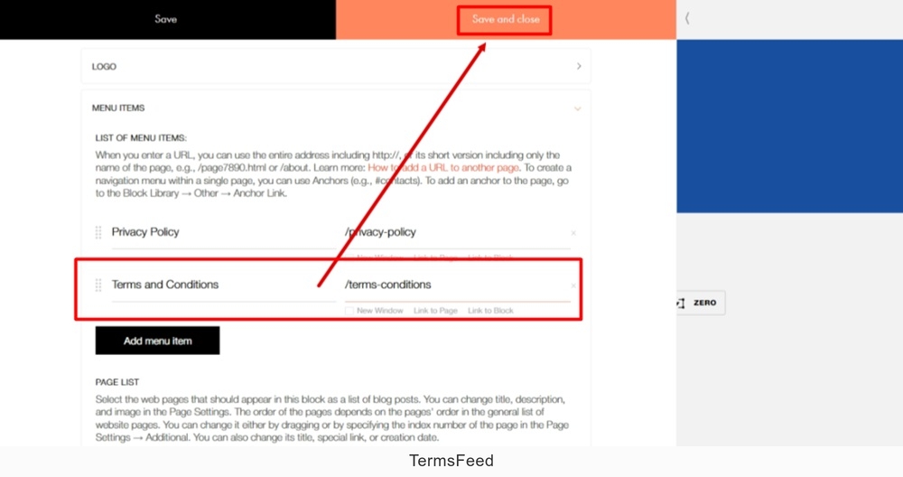TermsFeed Tilda - Edit Footer page - Content - Menu Items - Add menu item - Add Terms and Conditions title and Link to page added - Save and close