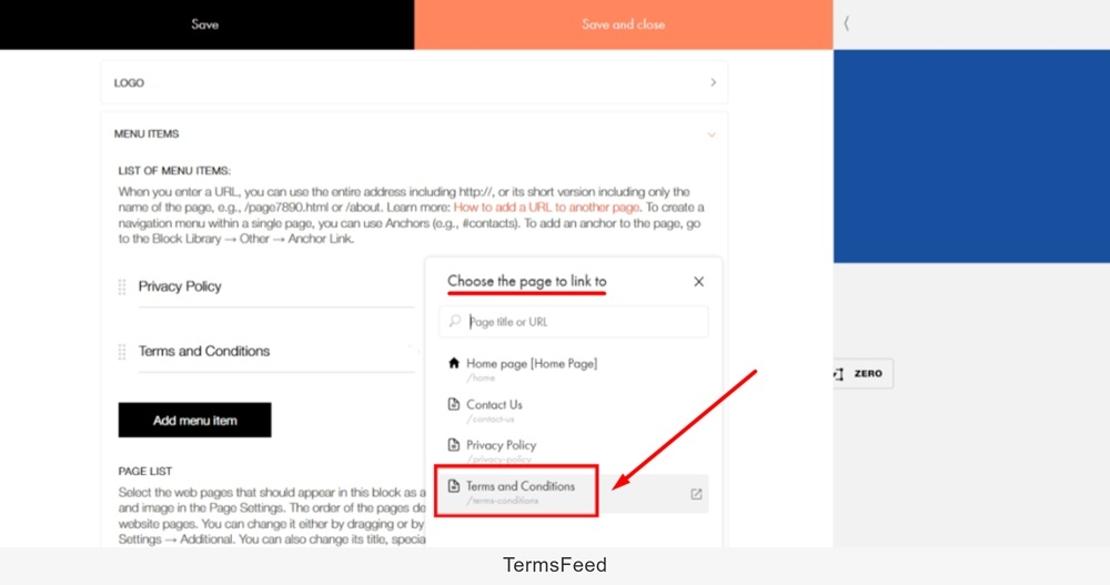 TermsFeed Tilda - Edit Footer page - Content - Menu Items - Add menu item - Add Terms and Conditions title and Link to page added