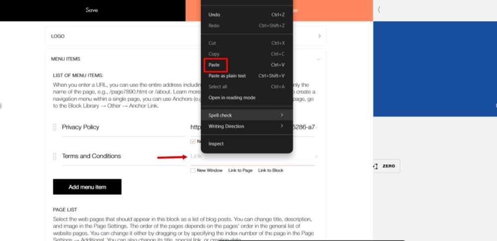 TermsFeed Tilda - Edit Footer page - Content - Menu Items - Add menu item - Terms and Conditions link paste