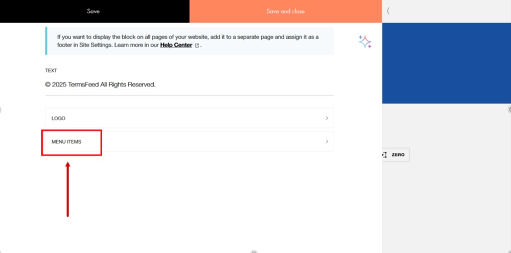 TermsFeed Tilda - Edit Footer page - Content - Menu Items