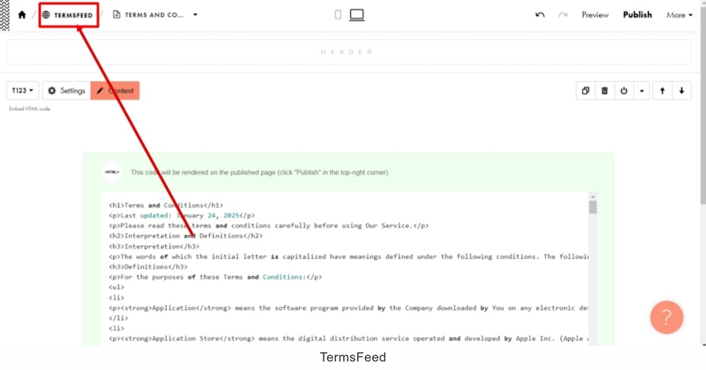 TermsFeed Tilda - Edit page - Terms and Conditions - Website selected