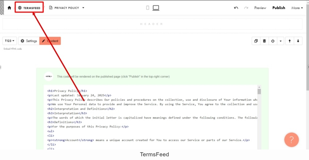 TermsFeed Tilda - Edit page - Website selected