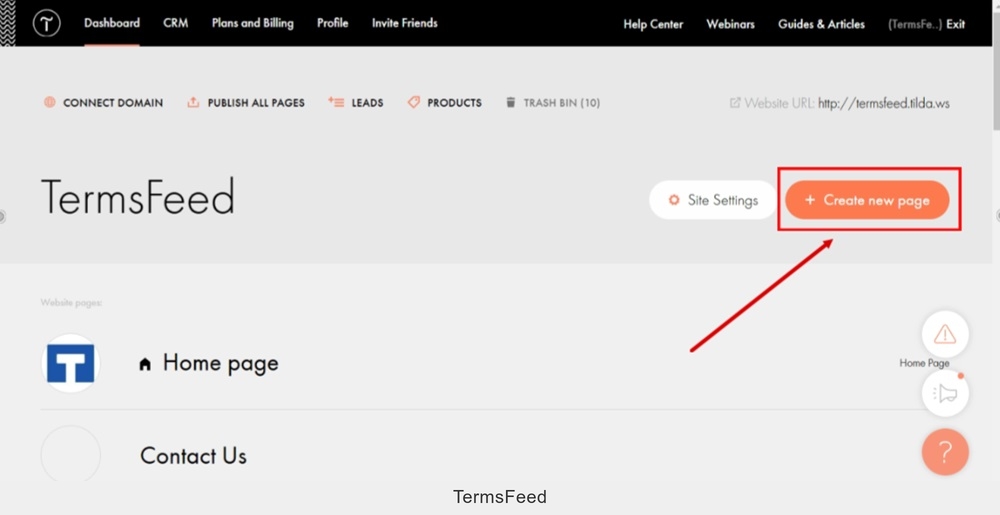 TermsFeed Tilda - Edit website - Create new page