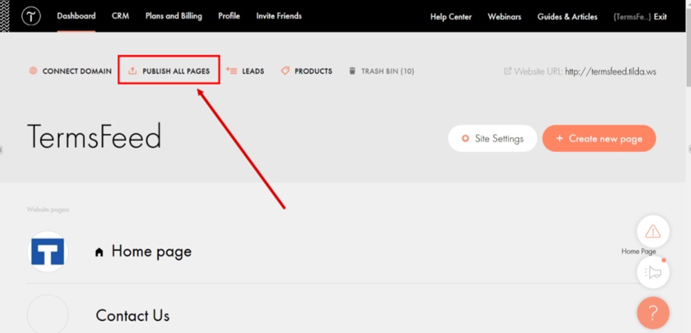 TermsFeed Tilda - Edit website - Publish All Pages