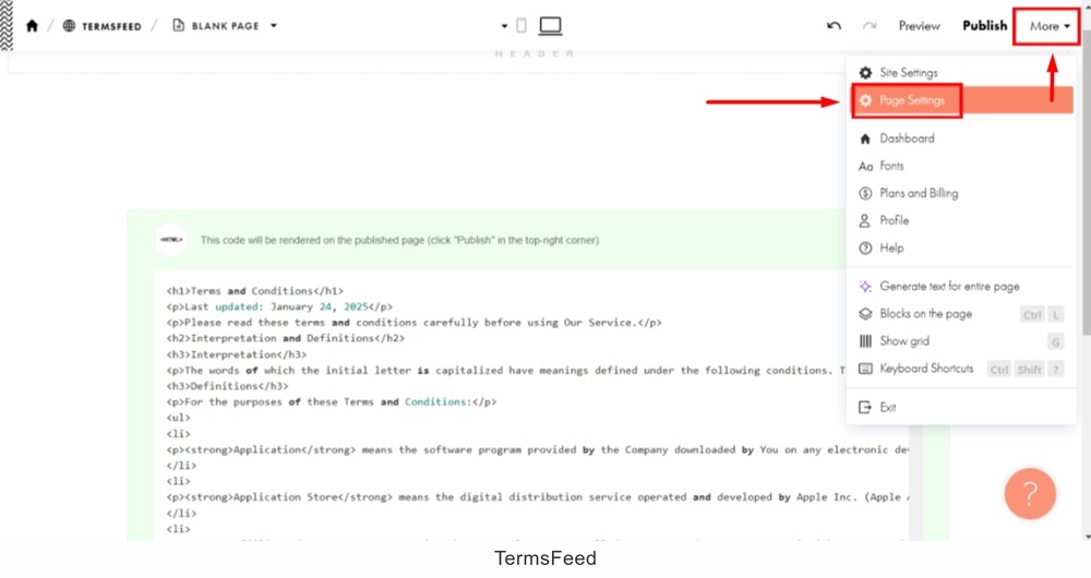 TermsFeed Tilda - New page - Embed HTML code - Terms and Conditions code pasted and published - More - Page Settings