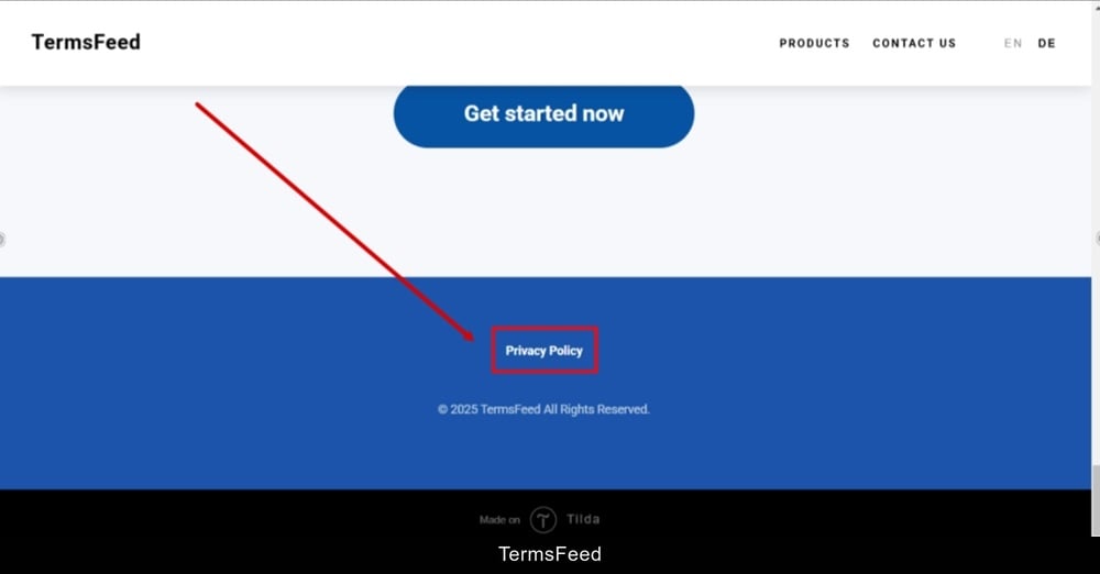 TermsFeed Tilda - Published - Footer - The Privacy Policy page is linked and displayed