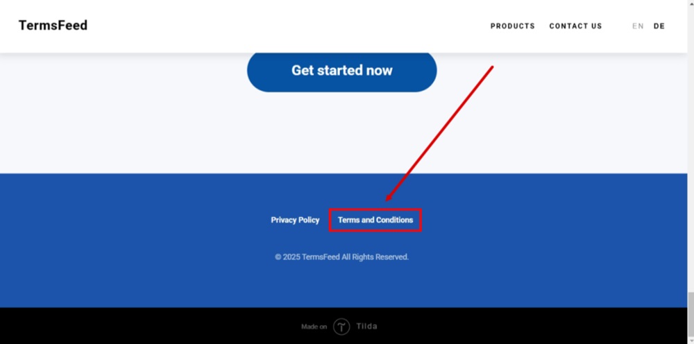 TermsFeed Tilda - Published - Footer - The Terms and Conditions page is linked and displayed