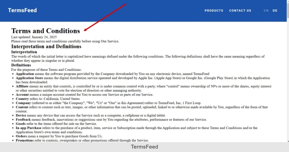 TermsFeed Tilda - The Terms and Conditions page is published