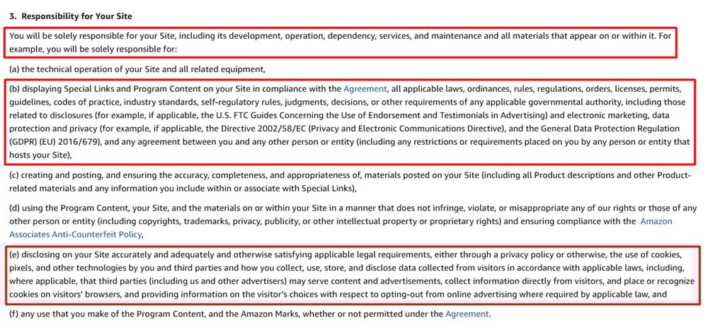 Amazon Associates Program Policies: Responsibility for Your Site