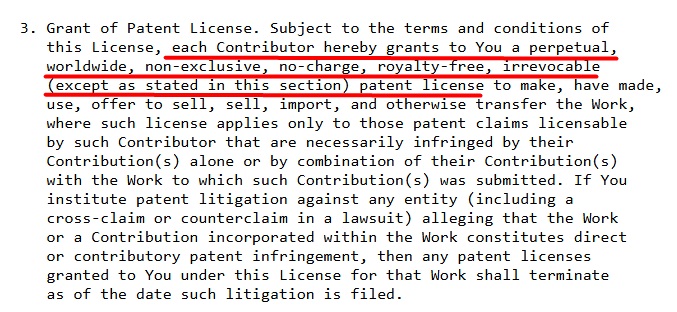 Apache License 2.0: Free Patent license provision