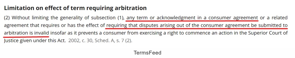 Canada Consumer Protection Act of 2002: Arbitration is invalid