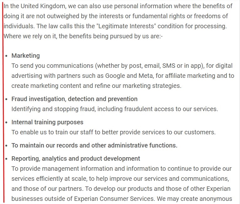 Experian Consumer Product Privacy Policy: Legitimate interest section