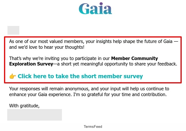 Gaia Take Survey email