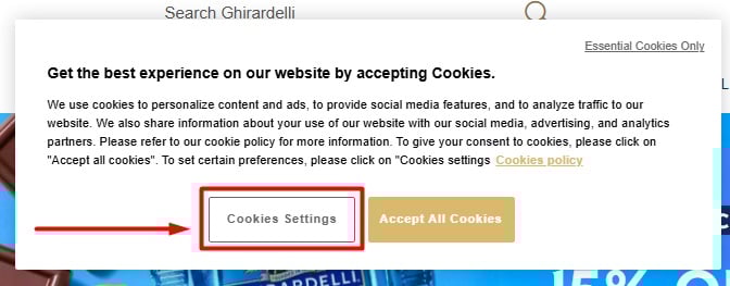 Ghirardelli website cookie banner explaining data collection practices