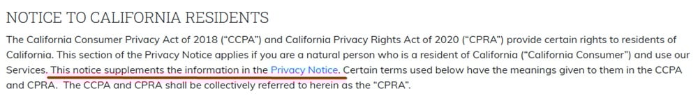 HarperCollins California privacy notice example within general policy