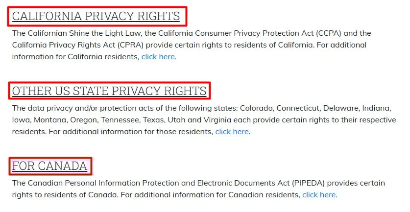 HarperCollins privacy policy linking to specific regional sections