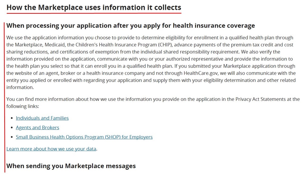 HealthCare.gov's Privacy Policy explains how it uses the information it collects