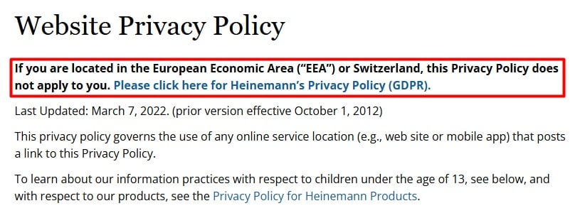 Heinemann separate GDPR and general privacy policy links example