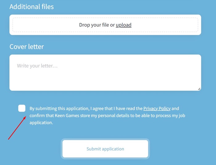Keen Games: Consent to Privacy Policy before cover letter upload