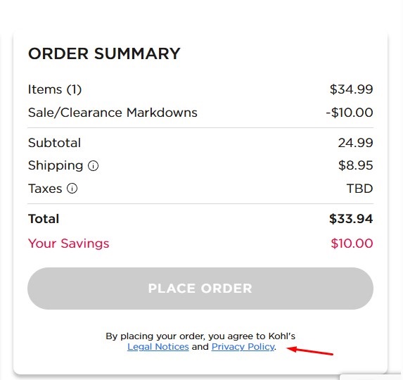 Kohls: Links to legal policies from the Checkout page