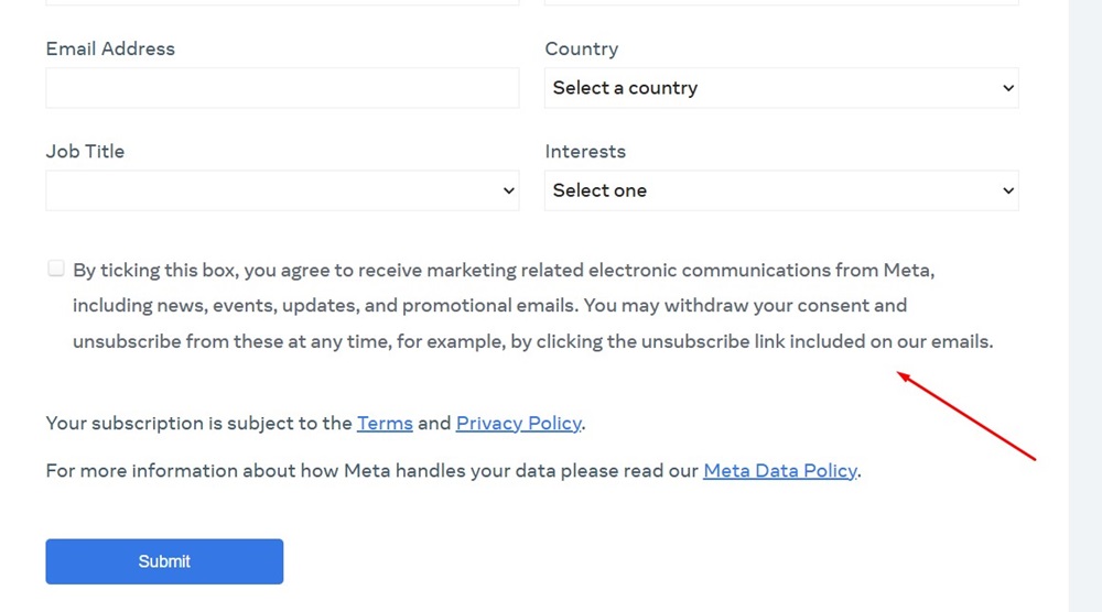 Meta uses text size and placement to distinguish its consent request from the signup page