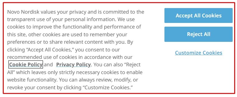 Novo Nordisk Cookie Banner: Accept All Cookies or Reject All