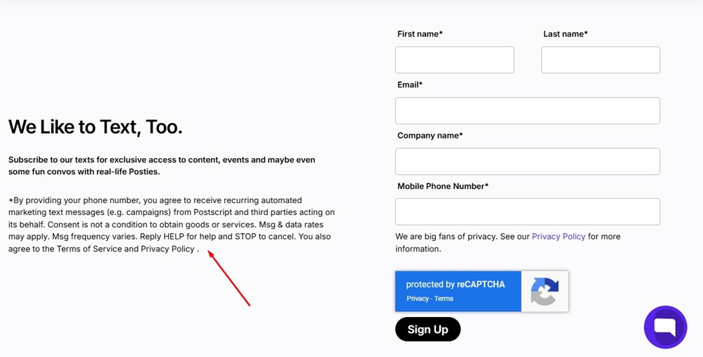 Postscript: When users go to sign up for the newsletter, the business informs them of SMS marketing consent