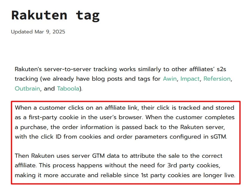 Rakuten tag: server-to-server tracking