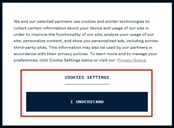 Ralph Lauren Canada cookie banner with cookie setting option