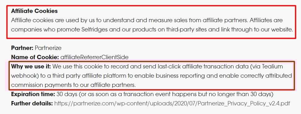 Selfridges Privacy and Cookie Policies: Affiliate Cookies