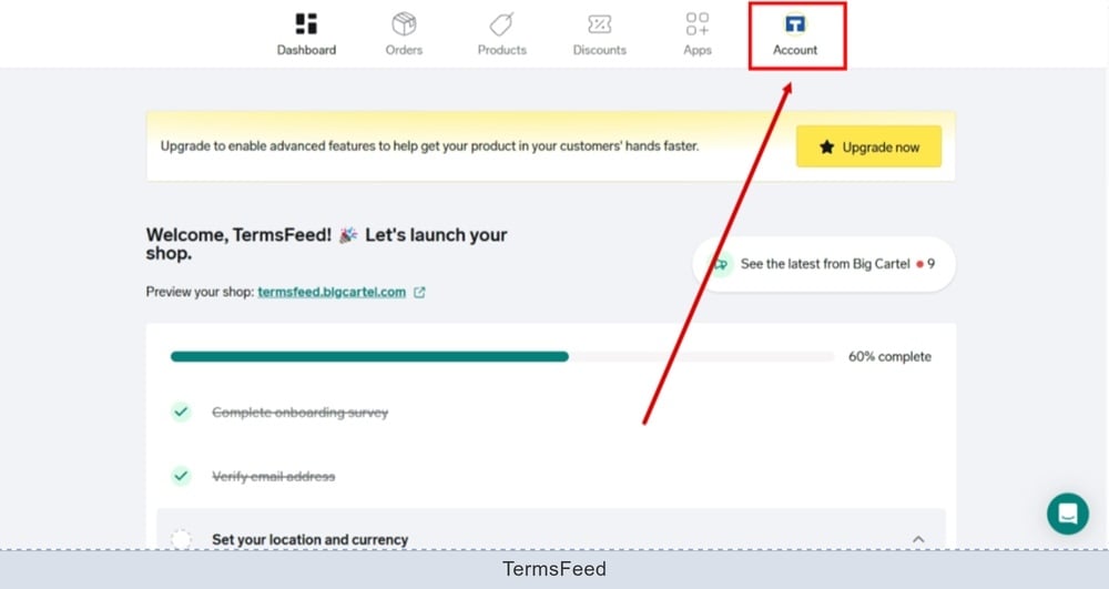 TermsFeed Big Cartel - Dashboard - Account selected